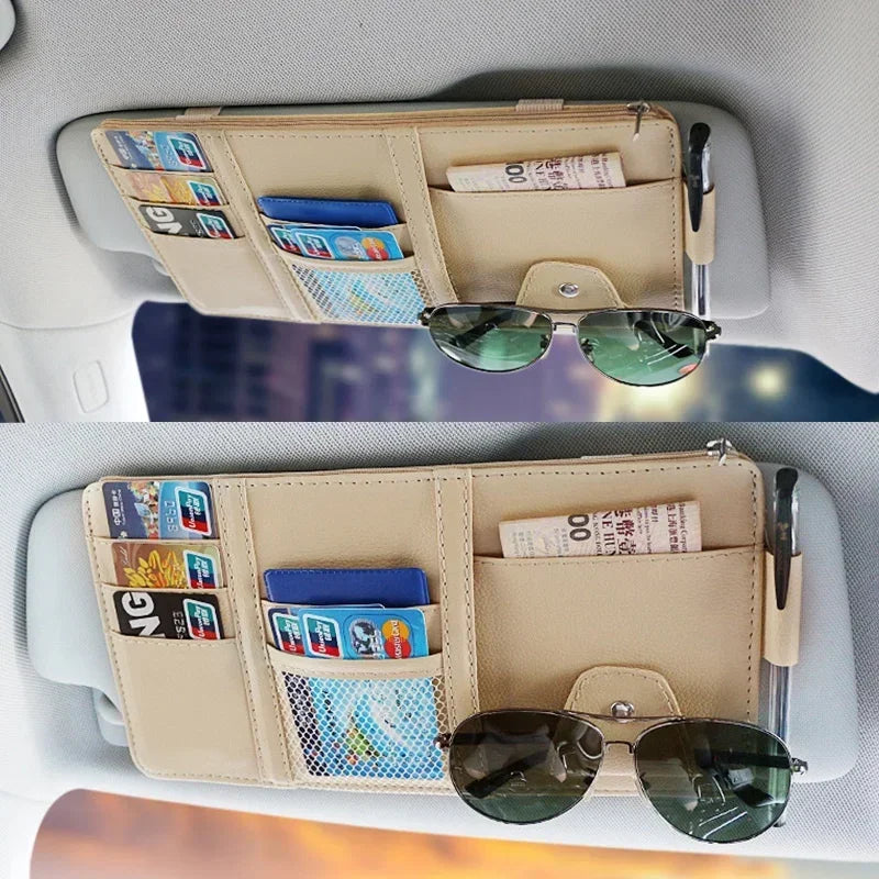 Leder Sonnenblenden-Organizer fürs Auto - Aufbewahrungstasche mit Kartenhalter, Brillenclip, Stifthalter und Geldfach