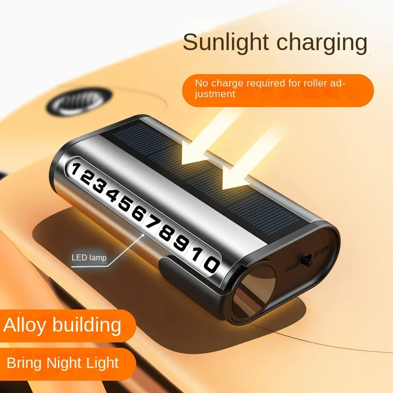 **Solarbetriebene Auto-Parknummerntafel, leuchtende Parkkarte, temporäre Stopp-Telefonnummer-Karte für Autodekoration und Zubehör**