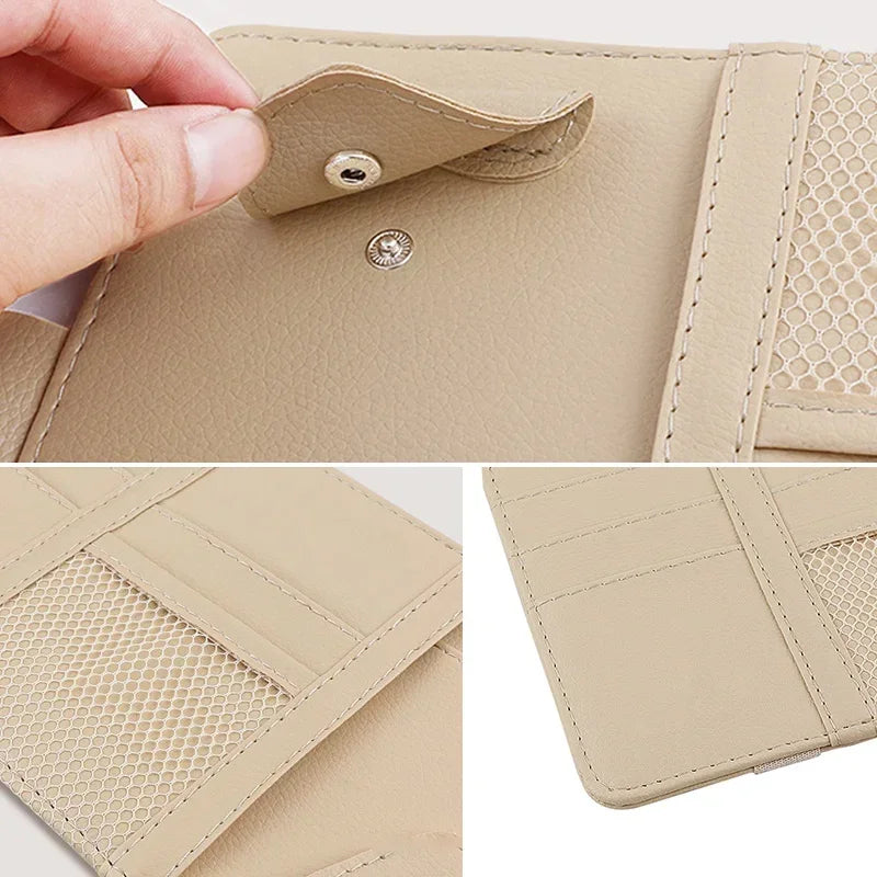 Leder Sonnenblenden-Organizer fürs Auto - Aufbewahrungstasche mit Kartenhalter, Brillenclip, Stifthalter und Geldfach