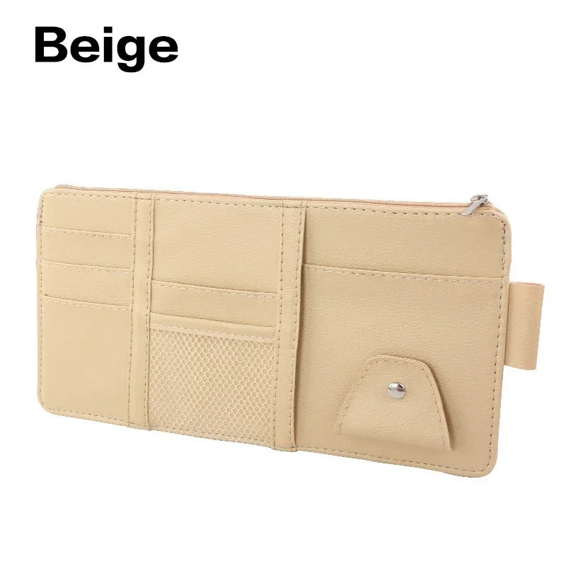 Leder Sonnenblenden-Organizer fürs Auto - Aufbewahrungstasche mit Kartenhalter, Brillenclip, Stifthalter und Geldfach