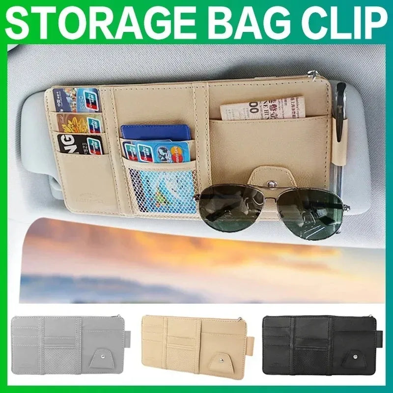 Leder Sonnenblenden-Organizer fürs Auto - Aufbewahrungstasche mit Kartenhalter, Brillenclip, Stifthalter und Geldfach