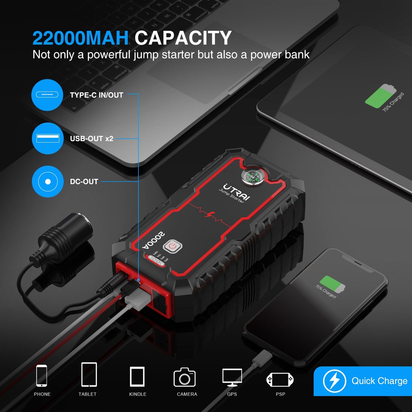 Auto Batterie Starthilfe Autobatterie Überbrücken Aufladen 22000mAh