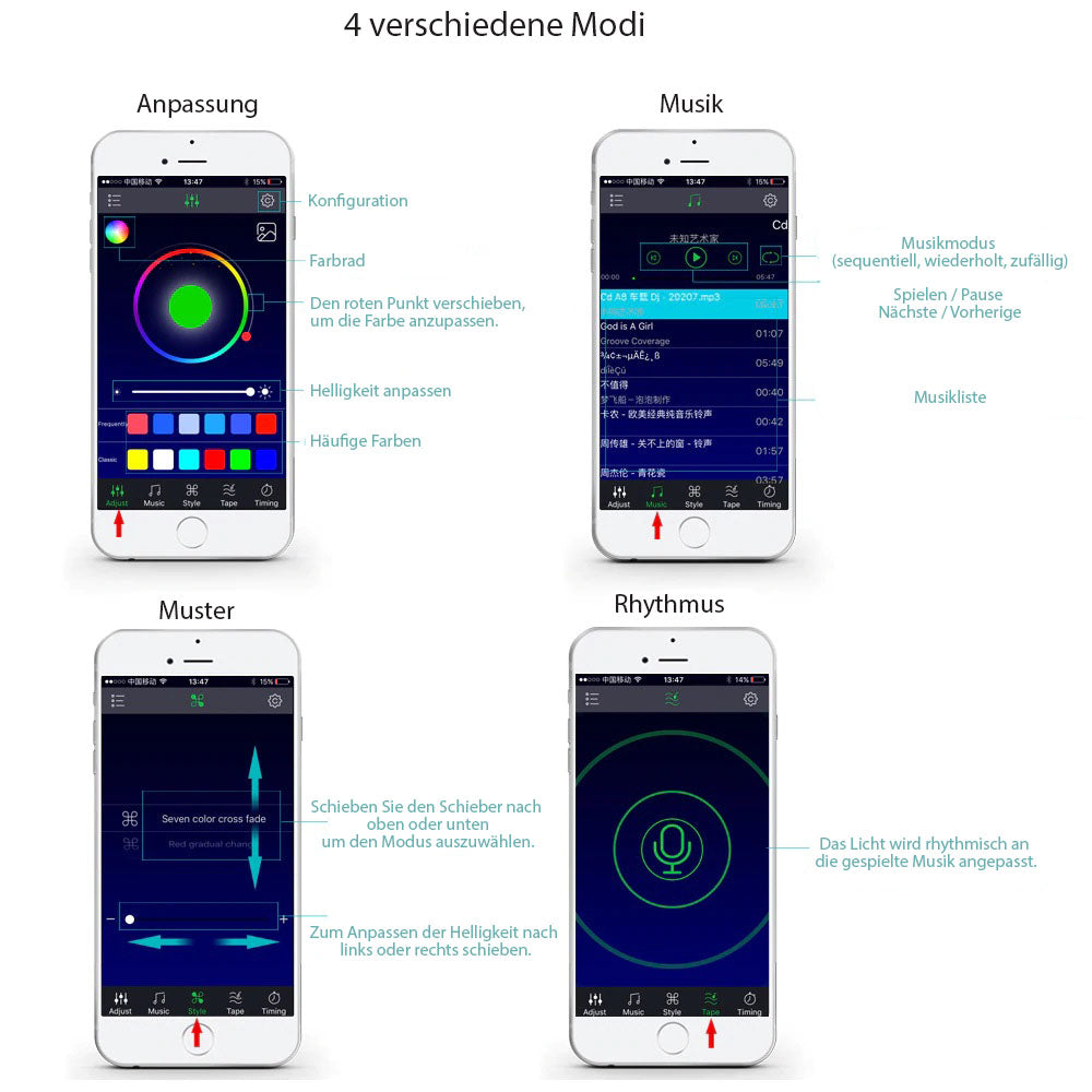 LED Bluetooth Autodekor Licht Ambiente RGB Bodenleuchten Zigarettenadapter