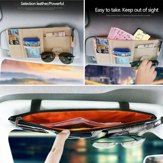 Leder Sonnenblenden-Organizer fürs Auto - Aufbewahrungstasche mit Kartenhalter, Brillenclip, Stifthalter und Geldfach