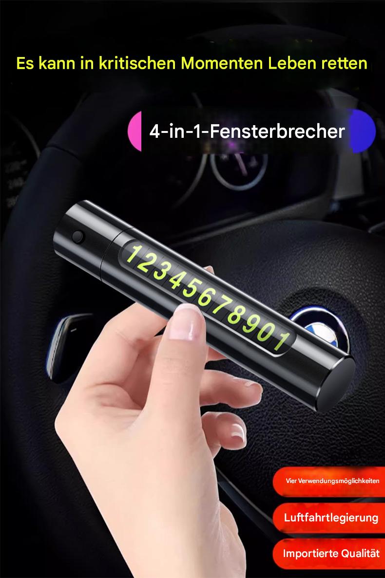 4-in-1 Auto-Notfalltool mit Parknummernschild, Nothammer, Gurtschneider & LED-Licht – Multifunktionales Sicherheitszubehör fürs Armaturenbrett