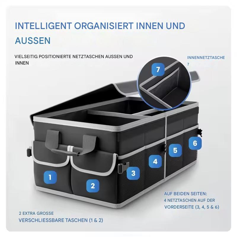 Kofferraum-Organizer mit Deckel – Faltbare Kofferraumtasche groß, rutschfest & stabil (3 Fächer, doppelte Böden, verstärkte Seitenwände)
