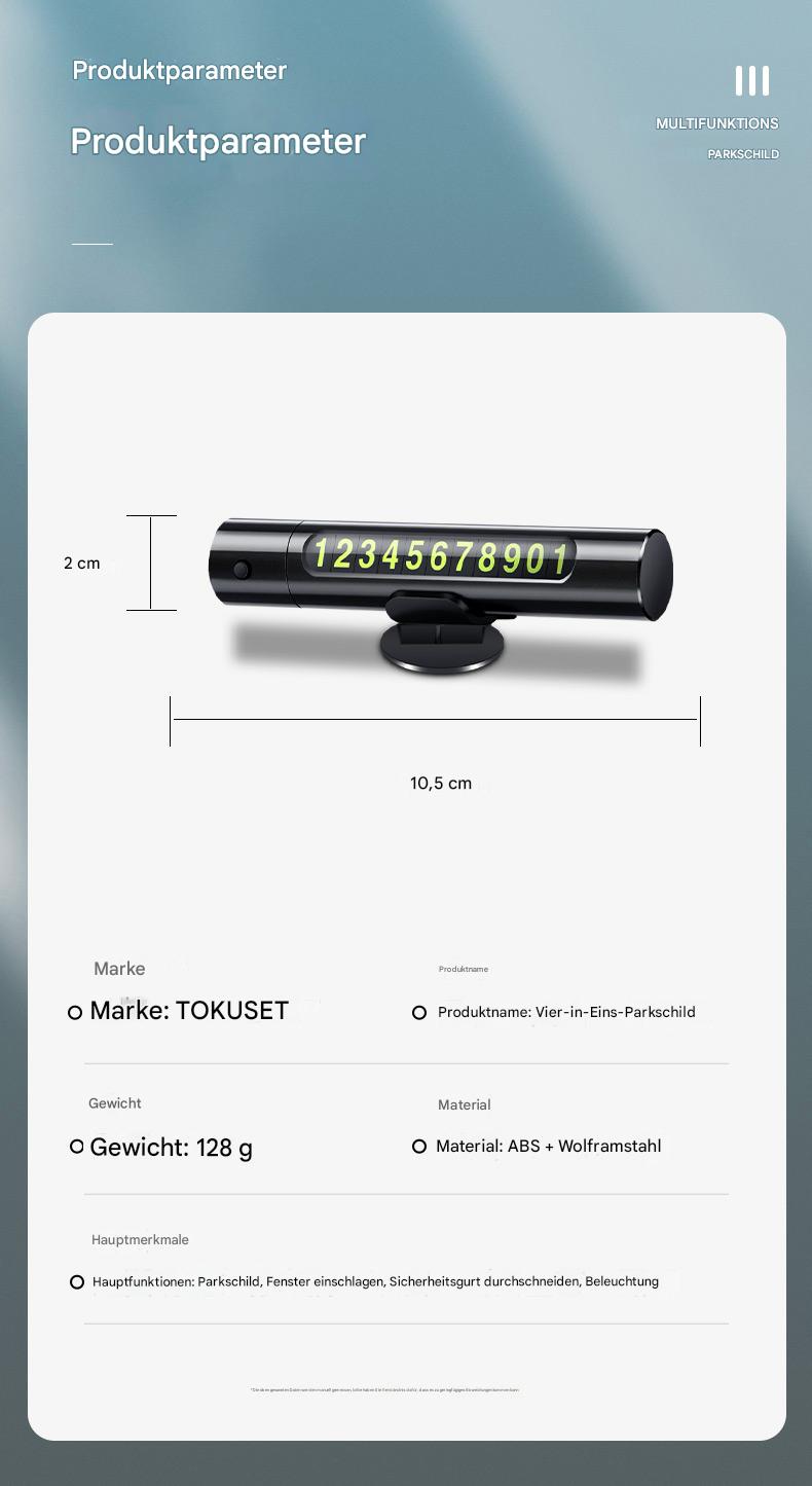 4-in-1 Auto-Notfalltool mit Parknummernschild, Nothammer, Gurtschneider & LED-Licht – Multifunktionales Sicherheitszubehör fürs Armaturenbrett