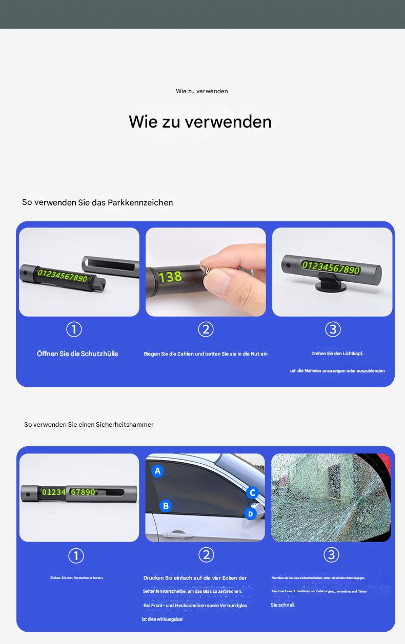 4-in-1 Auto-Notfalltool mit Parknummernschild, Nothammer, Gurtschneider & LED-Licht – Multifunktionales Sicherheitszubehör fürs Armaturenbrett