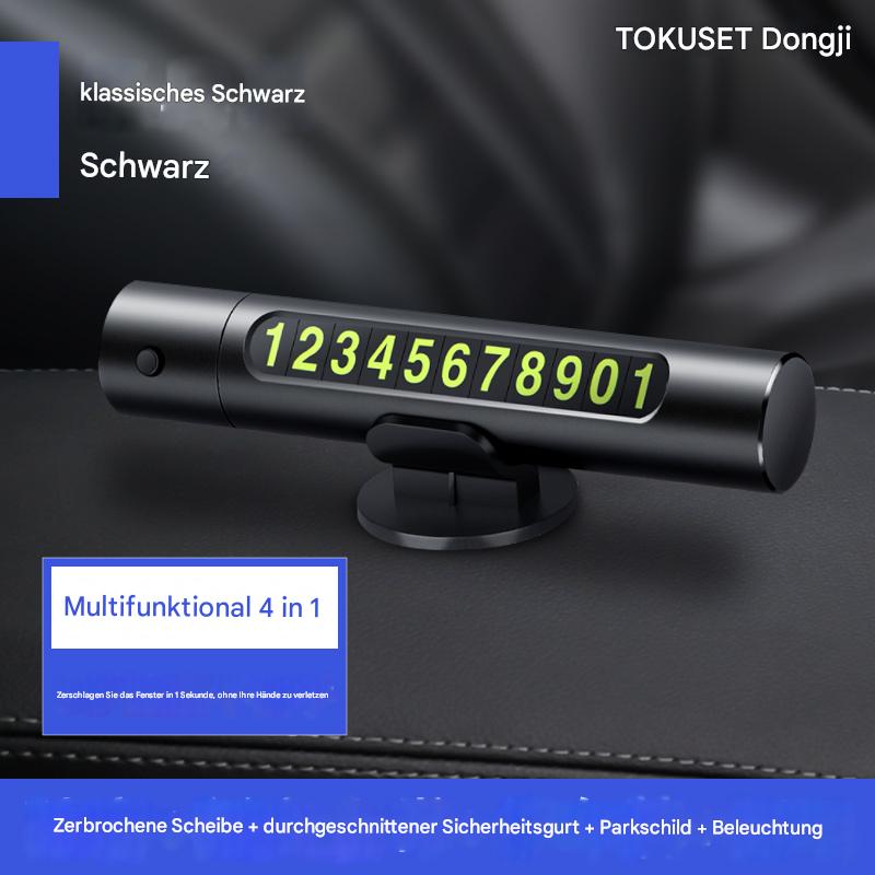 4-in-1 Auto-Notfalltool mit Parknummernschild, Nothammer, Gurtschneider & LED-Licht – Multifunktionales Sicherheitszubehör fürs Armaturenbrett
