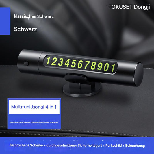 4-in-1 Auto-Notfalltool mit Parknummernschild, Nothammer, Gurtschneider & LED-Licht – Multifunktionales Sicherheitszubehör fürs Armaturenbrett