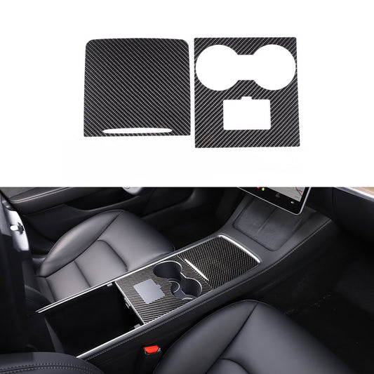 Passend für Tesla Model Y 2021-2022 Mittelkonsole Getränkehalter Panel Aufkleber, 2-teiliges Set aus Carbonfaser.